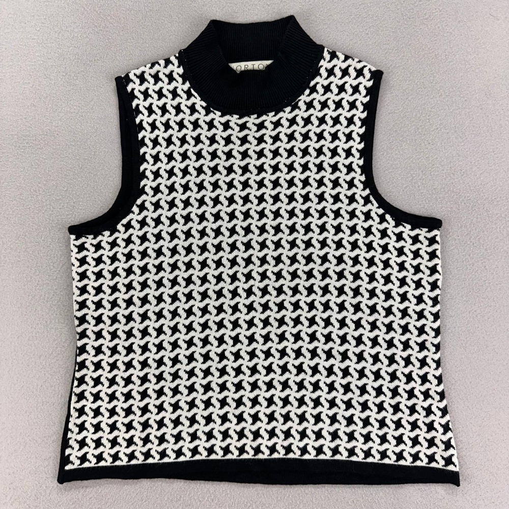 Vintage Sweater Womens M Black Sleeveless Turtleneck Houndstooth 90s Academia